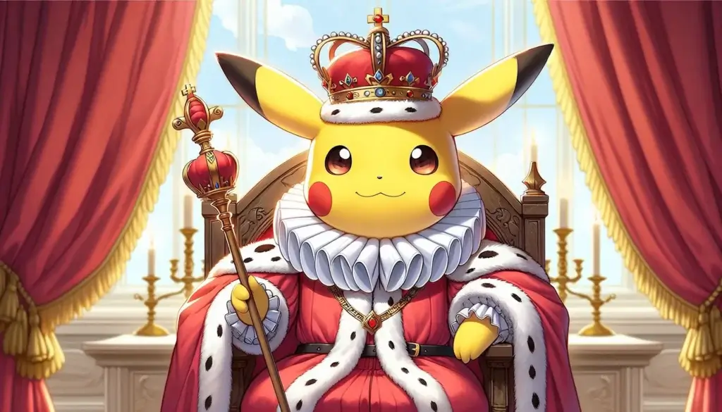 Pikachu sul trono con una corona